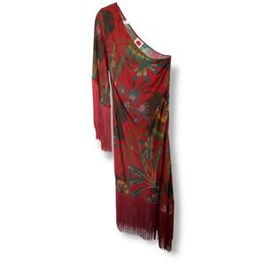 Farm Rio One-Shoulder Fringe Midi Dress Floral Muted Red Asymmetric Sz Small
